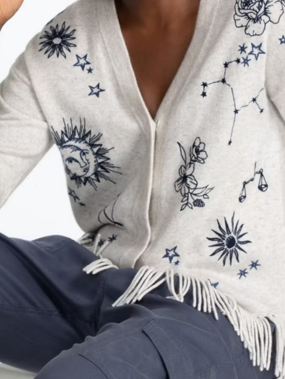 Johnny Was Cream V-Neck Cardigan with Navy Celestial & Floral Embroidery